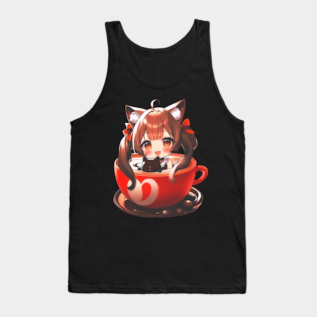 Cozy Chibi Cat Girl inside a Coffee Cup Tank Top by MikaseSan